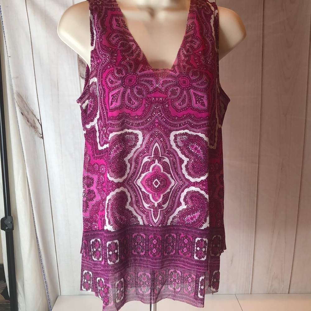 INC International Concepts Pink Abstract V-Neck Tank Top Cutout back Women's Med